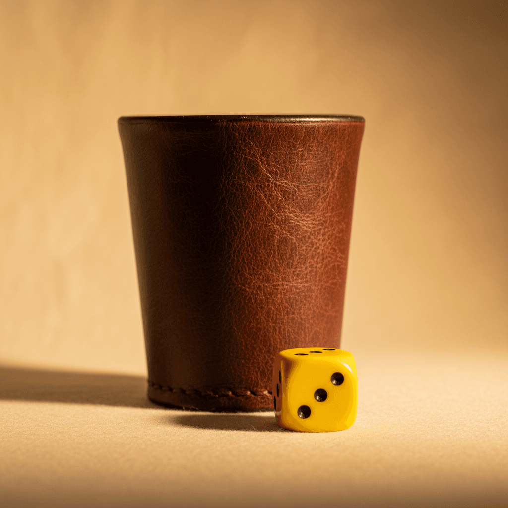 A leather dice cup with a yellow die